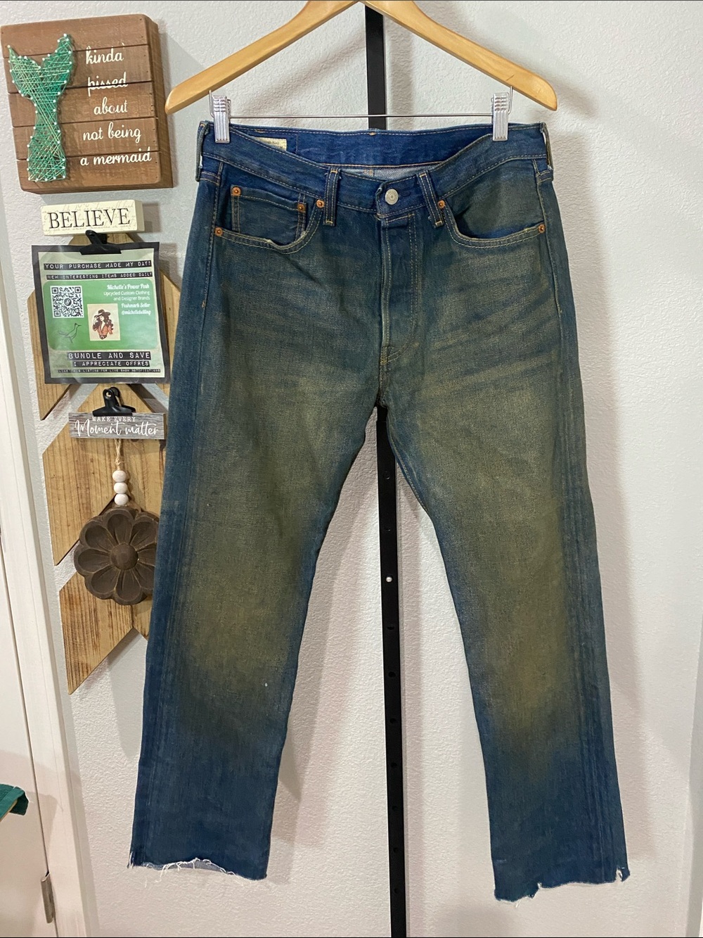 Levi's Men's Green-Blue Straight Jeans with Worn Finish w16 L29 R10 - Picture 3 of 4
